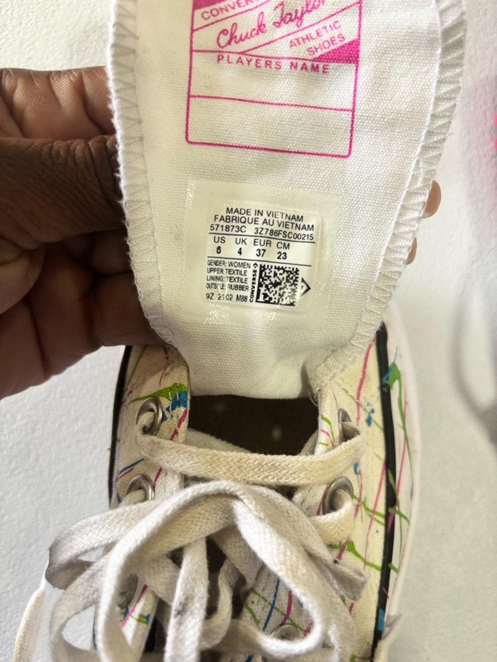 Converse Kids White Canvas Sneakers with Blue, Pink, and Green Paint-Splash - Picture 3 of 4